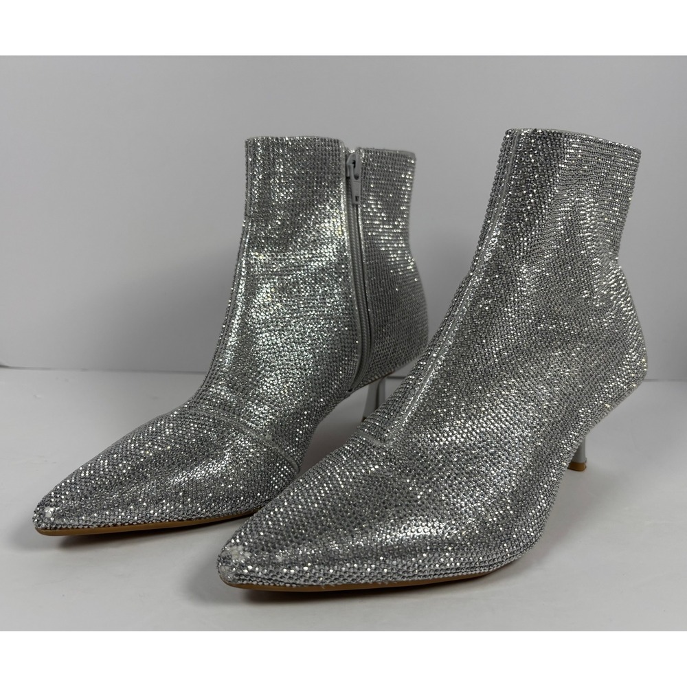 Alex Marie Silver Rhinestone Pointed Toe Kitten Heel Ankle Boots Size 8M